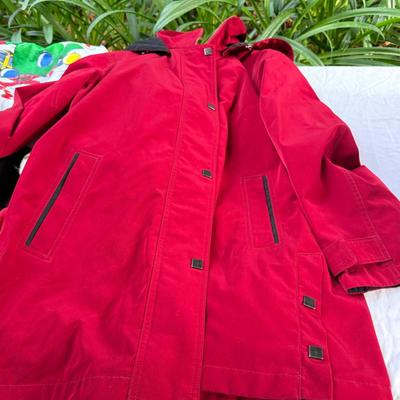Sale Photo Thumbnail #112: Mostly size Medium, in worn condition. One Halloween sweatshirt. Red Suede Alfred Dunner Jacket, Lined Craft and Barrow rain jacket.