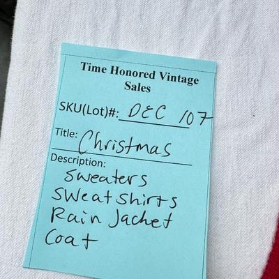 Sale Photo Thumbnail #117: Mostly size Medium, in worn condition. One Halloween sweatshirt. Red Suede Alfred Dunner Jacket, Lined Craft and Barrow rain jacket.