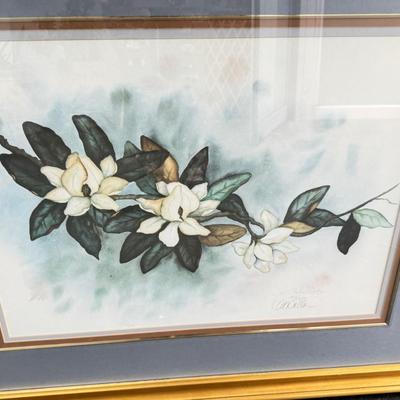 Sale Photo Thumbnail #129: Large 36" gold framed water color floral prints in good condition. A few small nicks to gold frame. Signed and numbered, under glass, no shipping.