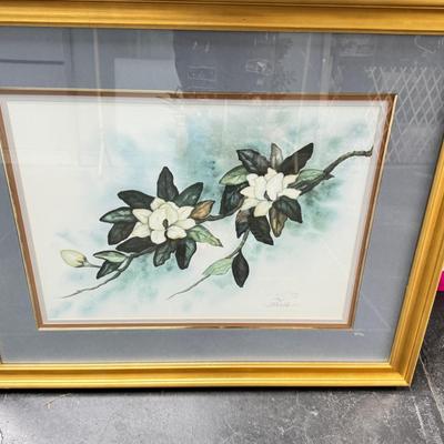 Sale Photo Thumbnail #122: Large 36" gold framed water color floral prints in good condition. A few small nicks to gold frame. Signed and numbered, under glass, no shipping.