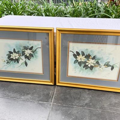 Sale Photo Thumbnail #127: Large 36" gold framed water color floral prints in good condition. A few small nicks to gold frame. Signed and numbered, under glass, no shipping.