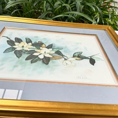 Sale Photo Thumbnail #119: Large 36" gold framed water color floral prints in good condition. A few small nicks to gold frame. Signed and numbered, under glass, no shipping.
