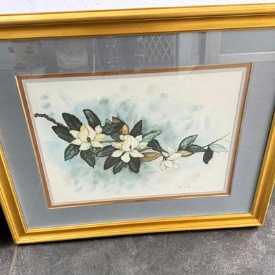 Sale Photo Thumbnail #125: Large 36" gold framed water color floral prints in good condition. A few small nicks to gold frame. Signed and numbered, under glass, no shipping.