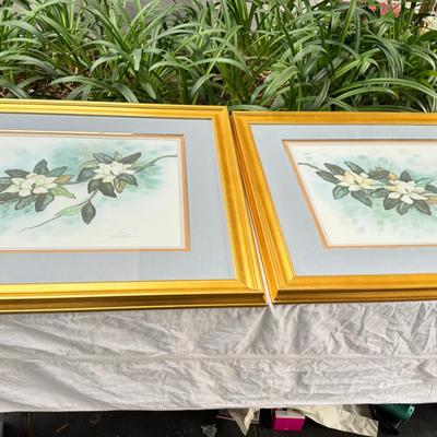 Sale Photo Thumbnail #118: Large 36" gold framed water color floral prints in good condition. A few small nicks to gold frame. Signed and numbered, under glass, no shipping.