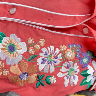 Sale Photo Thumbnail #139: Bob Mackie art, Alfred Dunner, Susan Graver. Medium size shirts in worn condition. Wool Blue winter jacket by Cascade. 2 classic vintage Fairway sweaters for golf, and 2 "dickies" Blue and white.