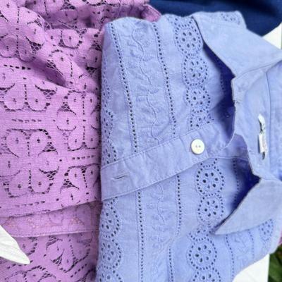 Sale Photo Thumbnail #136: Bob Mackie art, Alfred Dunner, Susan Graver. Medium size shirts in worn condition. Wool Blue winter jacket by Cascade. 2 classic vintage Fairway sweaters for golf, and 2 "dickies" Blue and white.