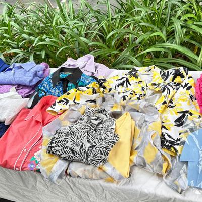 Sale Photo Thumbnail #146: Bob Mackie art, Alfred Dunner, Susan Graver. Medium size shirts in worn condition. Wool Blue winter jacket by Cascade. 2 classic vintage Fairway sweaters for golf, and 2 "dickies" Blue and white.