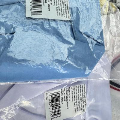 Sale Photo Thumbnail #144: Bob Mackie art, Alfred Dunner, Susan Graver. Medium size shirts in worn condition. Wool Blue winter jacket by Cascade. 2 classic vintage Fairway sweaters for golf, and 2 "dickies" Blue and white.