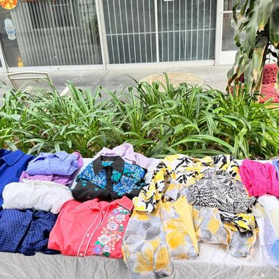 Sale Photo Thumbnail #131: Bob Mackie art, Alfred Dunner, Susan Graver. Medium size shirts in worn condition. Wool Blue winter jacket by Cascade. 2 classic vintage Fairway sweaters for golf, and 2 "dickies" Blue and white.