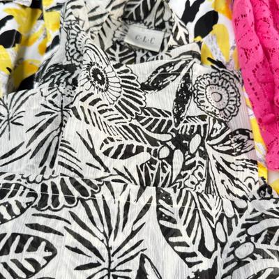 Sale Photo Thumbnail #141: Bob Mackie art, Alfred Dunner, Susan Graver. Medium size shirts in worn condition. Wool Blue winter jacket by Cascade. 2 classic vintage Fairway sweaters for golf, and 2 "dickies" Blue and white.