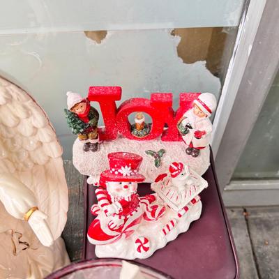 Sale Photo Thumbnail #160: Dolls, praying, wedding Teddy bear, Large porcelain angel, dog figurines, Betty Boop, Mickey Mouse. New Lenox set in box, 3 Royal Dalton porcelain flower pieces in good condition. Perpetual clock, with glass dome, untested needs new battery, but all there