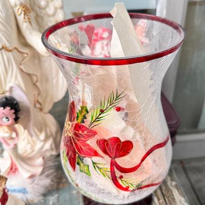 Sale Photo Thumbnail #159: Dolls, praying, wedding Teddy bear, Large porcelain angel, dog figurines, Betty Boop, Mickey Mouse. New Lenox set in box, 3 Royal Dalton porcelain flower pieces in good condition. Perpetual clock, with glass dome, untested needs new battery, but all there