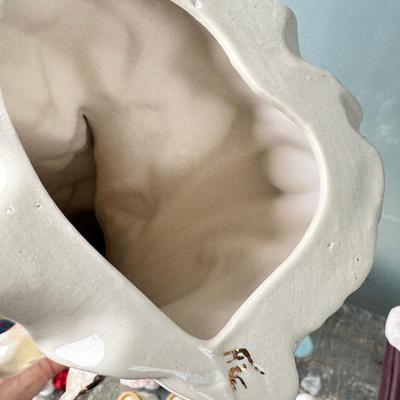 Sale Photo Thumbnail #161: Dolls, praying, wedding Teddy bear, Large porcelain angel, dog figurines, Betty Boop, Mickey Mouse. New Lenox set in box, 3 Royal Dalton porcelain flower pieces in good condition. Perpetual clock, with glass dome, untested needs new battery, but all there