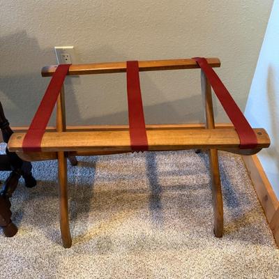 Sale Photo Thumbnail #979: Vintage Wooden Folding Luggage Rack with Burgundy straps   22"X17"X17"