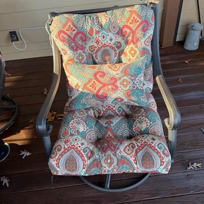Sale Photo Thumbnail #1061: Black Cast Aluminum Outdoor Dining Table with Center Fire Pit, Six Swivel Chairs and cushions    Propane Fire Pit