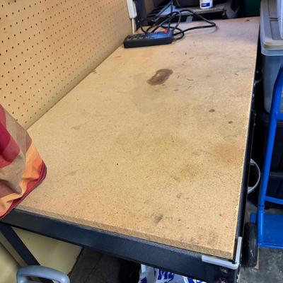 Sale Photo Thumbnail #1094: Steel Workbench with a Wooden Top and drawers