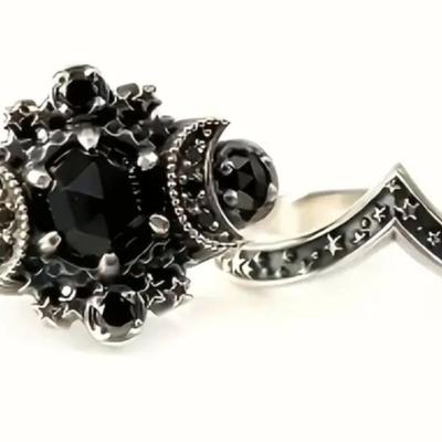 DAT - Size 9 - Fashion Gothic Cosmic Moon and Stars Black Ring Set, Alloy Material