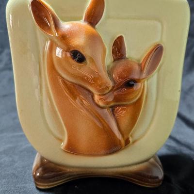 1940-50's MCM Royal Copley ceramic doe and fawn planter or vase
