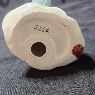 Vintage Lefton July Birthday Angel figurine, style #6224, featuring a ruby-red birthstone and blue flowers.