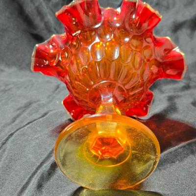 Fenton amberina glass ruffled thumbprint pedestal compote candy dish.