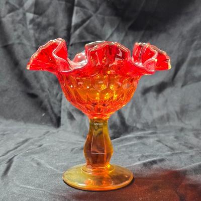 Fenton amberina glass ruffled thumbprint pedestal compote candy dish.