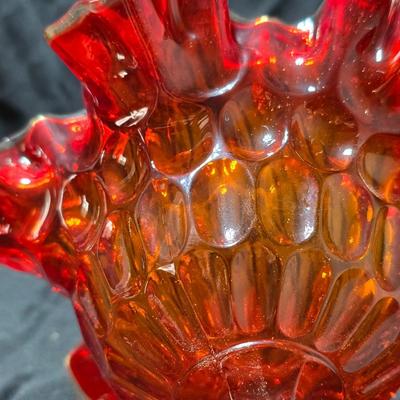 Fenton amberina glass ruffled thumbprint pedestal compote candy dish.