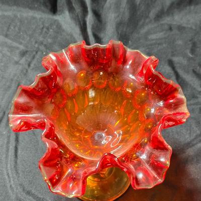 Fenton amberina glass ruffled thumbprint pedestal compote candy dish.
