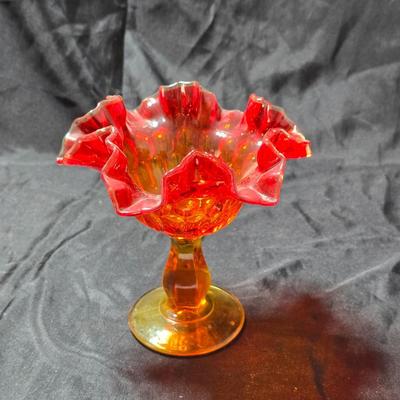 Fenton amberina glass ruffled thumbprint pedestal compote candy dish.