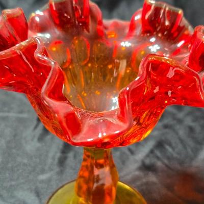 Fenton amberina glass ruffled thumbprint pedestal compote candy dish.