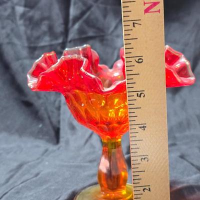 Fenton amberina glass ruffled thumbprint pedestal compote candy dish.