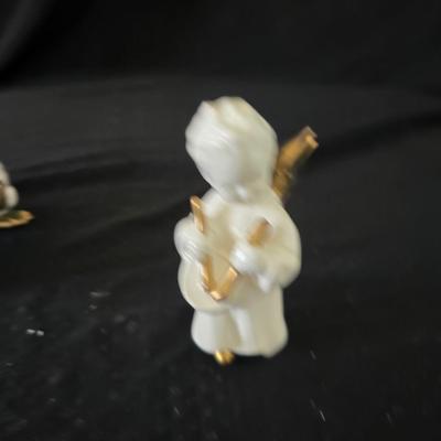 Vintage Goebel porcelain angel figurineS with gold accents, playing an accordion and drum.