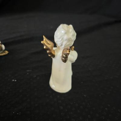 Vintage Goebel porcelain angel figurineS with gold accents, playing an accordion and drum.