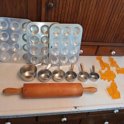 Collection of common kitchen baking tools and bakeware