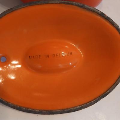 Vintage Le Creuset heritage-style Decoware mini dutch oven or casserole dish in the signature Flame Orange color.
