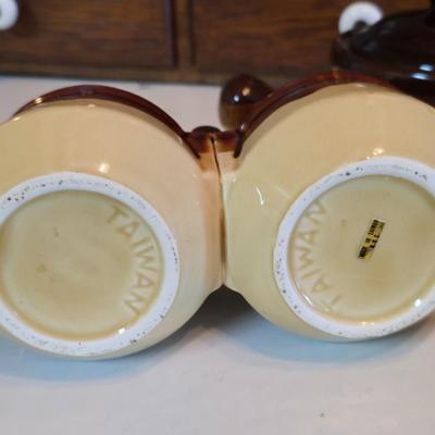 ceramic French onion soup bowls / lidded crocks, and a matching double salt and pepper shaker set.