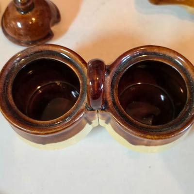 ceramic French onion soup bowls / lidded crocks, and a matching double salt and pepper shaker set.