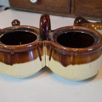 ceramic French onion soup bowls / lidded crocks, and a matching double salt and pepper shaker set.