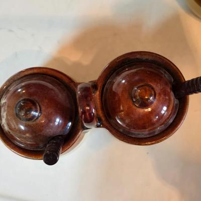 ceramic French onion soup bowls / lidded crocks, and a matching double salt and pepper shaker set.