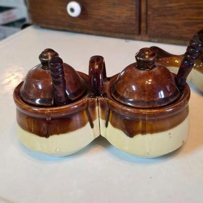 ceramic French onion soup bowls / lidded crocks, and a matching double salt and pepper shaker set.
