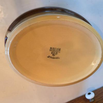 Vintage T.G. Green Granville oval bean pot casserole dish with a lid, featuring a two-tone brown and beige/cream glaze.