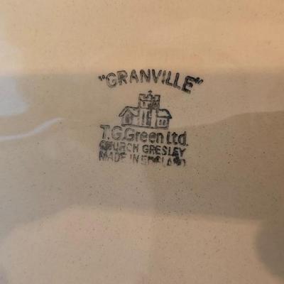 Vintage T.G. Green Granville oval bean pot casserole dish with a lid, featuring a two-tone brown and beige/cream glaze.