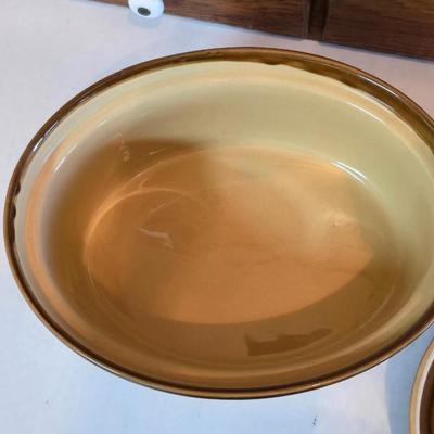 Vintage T.G. Green Granville oval bean pot casserole dish with a lid, featuring a two-tone brown and beige/cream glaze.