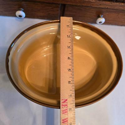 Vintage T.G. Green Granville oval bean pot casserole dish with a lid, featuring a two-tone brown and beige/cream glaze.