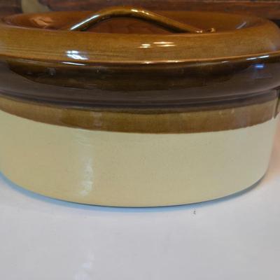 Vintage T.G. Green Granville oval bean pot casserole dish with a lid, featuring a two-tone brown and beige/cream glaze.