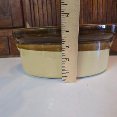Vintage T.G. Green Granville oval bean pot casserole dish with a lid, featuring a two-tone brown and beige/cream glaze.