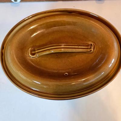 Vintage T.G. Green Granville oval bean pot casserole dish with a lid, featuring a two-tone brown and beige/cream glaze.
