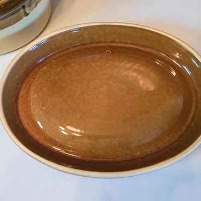 Vintage T.G. Green Granville oval bean pot casserole dish with a lid, featuring a two-tone brown and beige/cream glaze.