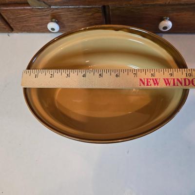 Vintage T.G. Green Granville oval bean pot casserole dish with a lid, featuring a two-tone brown and beige/cream glaze.