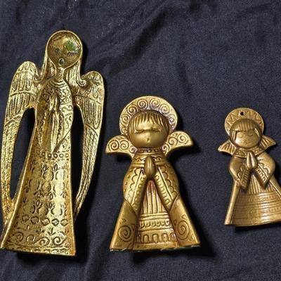 Three gold toned ceramic Praying angels mid-century Christmas decor.