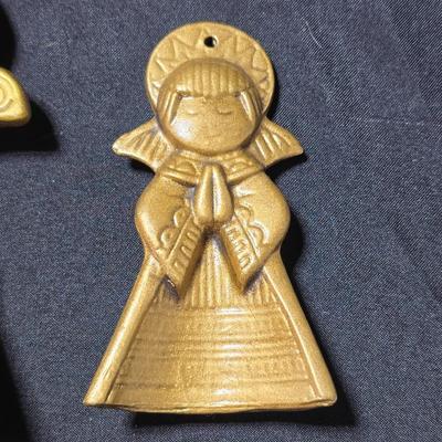 Three gold toned ceramic Praying angels mid-century Christmas decor.